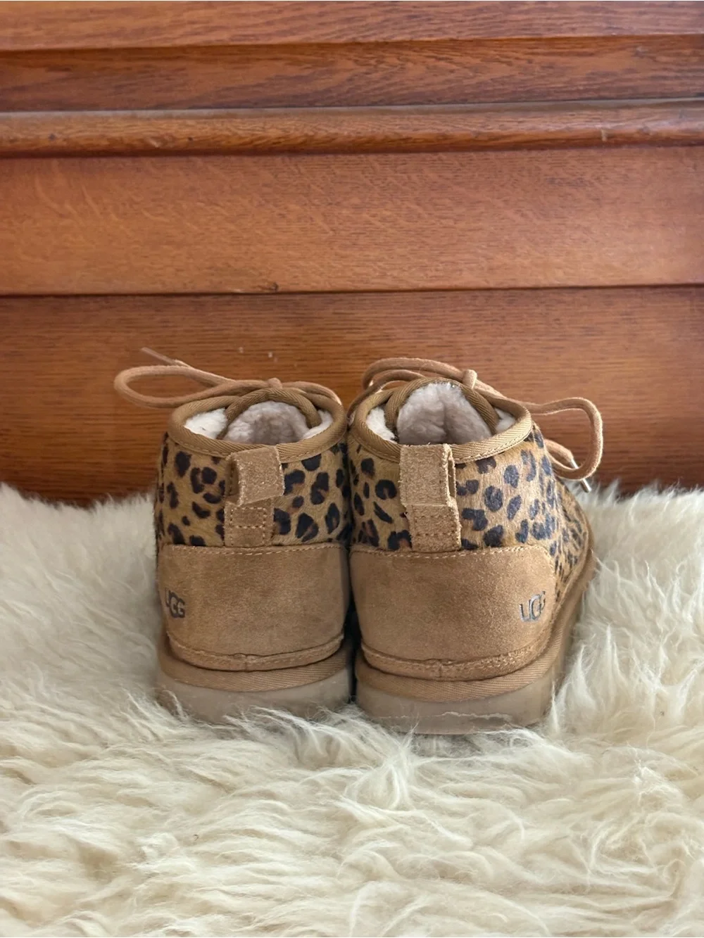 UGG Neumel Leopard Print Chukka Calf Hair Suede Sherpa Lined Ankle Boots